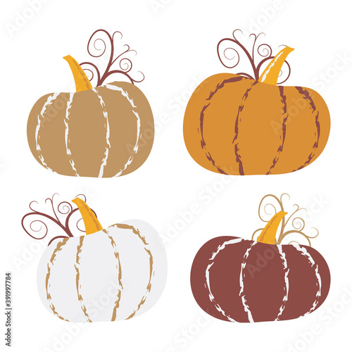 Flat pumpkin set in autumn palette. Vector harvesting illustration for thanksgiving day designs, halloween festival, poster, banner, greeting card. EPS 10