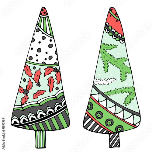 Bright Doodle Christmas Tree Vector objects in Holidays palette. Festive home decoration for Winter holidays. Isolated doodle object for New Year design, x-mas banner, poster, sticker. EPS10