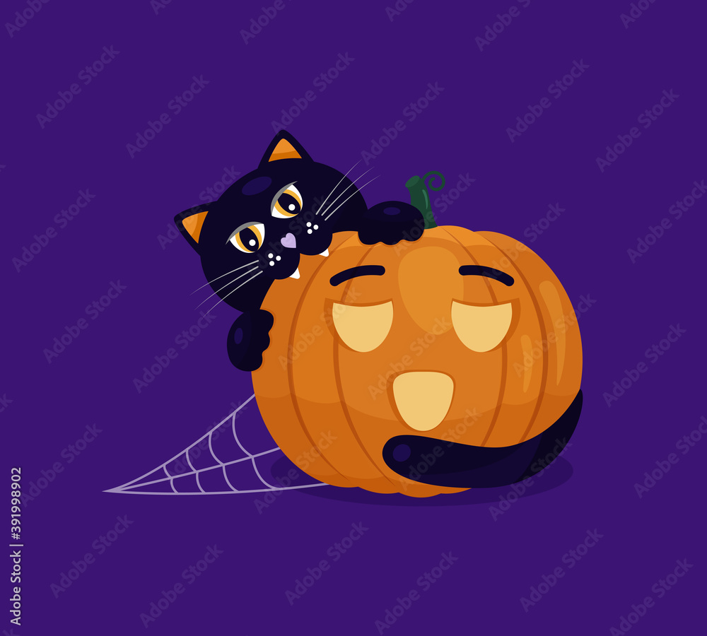 Halloween a dark cat with white sharp teeth sits on an orange pumpkin ...