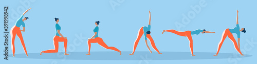 Set of female characters exercise activities Set. Female doing Exercise, Yoga, Fitness, Workout in Different Poses, Stretching, Healthy Lifestyle, Leisure. Flat style. Vector illustration 