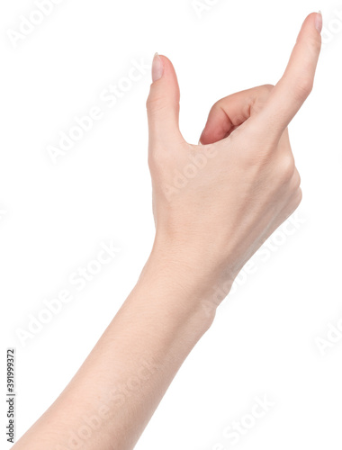 Female caucasian hands isolated white background showing different gestures. woman hands showing gesture holds something or takes, gives, points