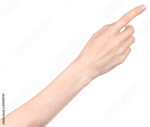 Female caucasian hands isolated white background showing different gestures. woman hands showing gesture holds something or takes, gives, points