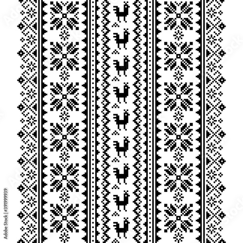 Ukrainian, Belarusian folk art vector seamless pattern in black and white, inspired by traditional cross-stitch design Vyshyvanka 
 