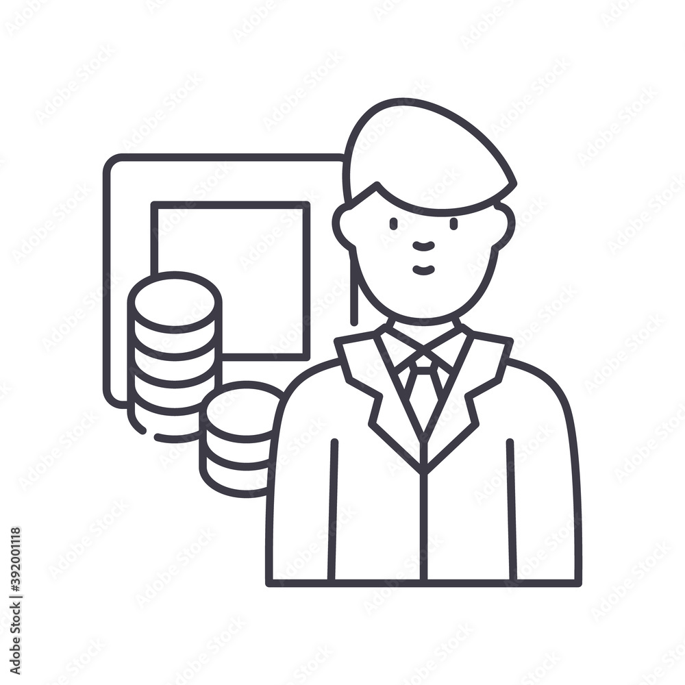 Banker icon, linear isolated illustration, thin line vector, web design sign, outline concept symbol with editable stroke on white background. Banker icon, linear isolated illustration, thin line vector, web design sign, outline concept symbol with editable stroke on white background.