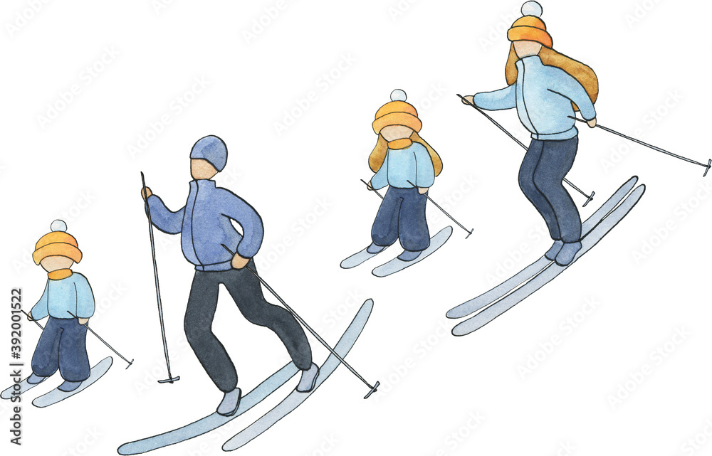 Obraz premium family skiing, Watercolor family, winter outdoor activities, parents, kids, mom, dad, daughter, son, woman, man, girl, boy, father, mother