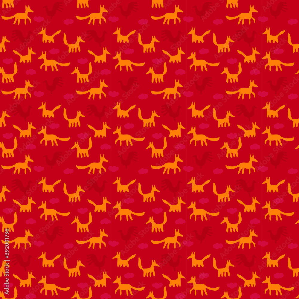 Red foxes maroon roosters on a red background. Children's background, seamless. Red foxes maroon roosters on a red background. Children's background, seamless.