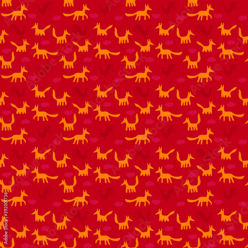Red foxes maroon roosters on a red background. Children's background, seamless.
