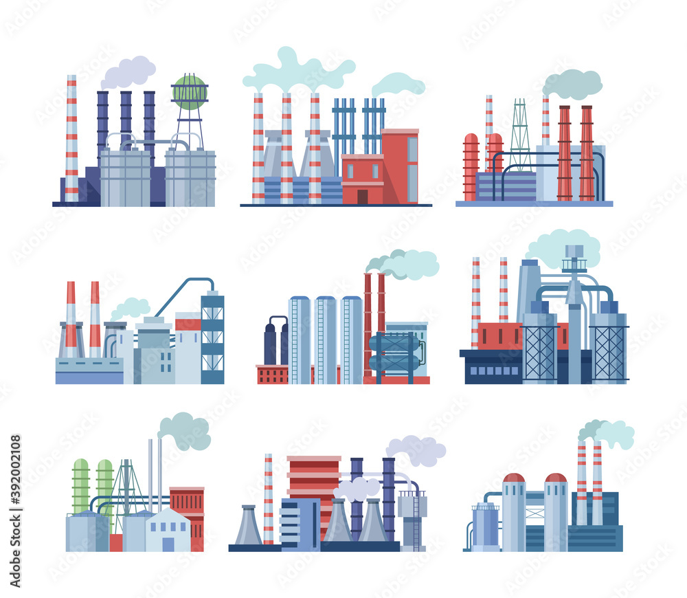 Industrial factory buildings set. Industrial buildings with pipes, power station, thermal nuclear power plants, different manufacturing plant, warehouse, factory with storage tanks for oil, gas