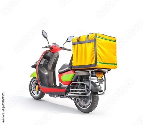 Delivery concept. Thermal backpack for contactless food delivery to customers home with e-moped. Online ordering food. 3d illustration