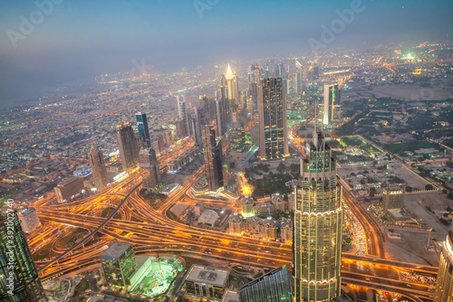 DUBAI, UAE - DECEMBER 4, 2016: Aerial night view of Downtown Dubai from top of the tower