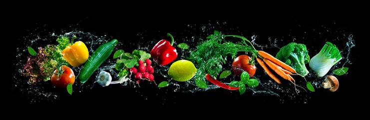 Fresh vegetables and water splashes on panoramic background