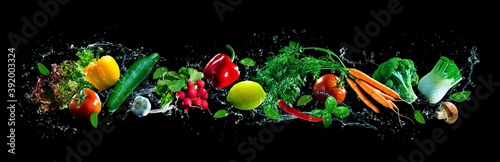 Fresh vegetables and water splashes on panoramic background