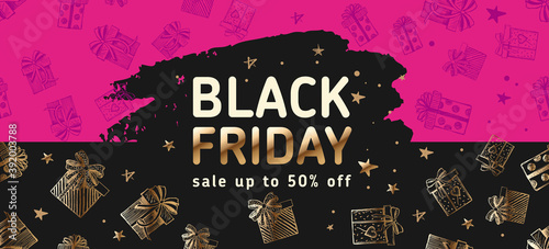 Black Friday Sale. Doodle icons of gift box.	
