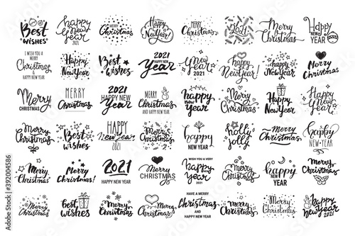 Christmas, 2021 New Year lettering bundle. Vector clip art collection of abel, emblem, text design templates with winter holiday doodles. Festive quotes Happy New Year, Merry Christmas, Best wishes.