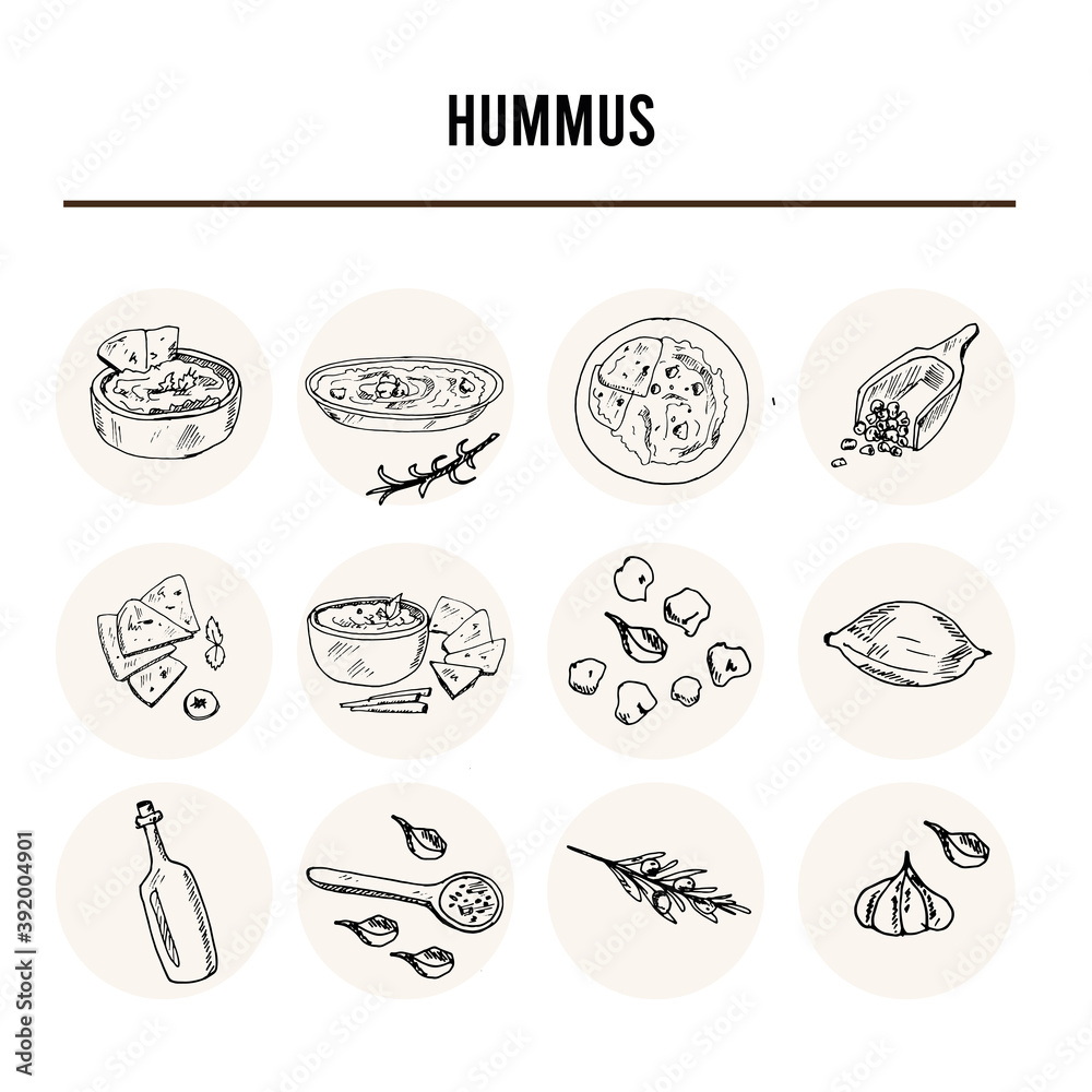 Hummus set with food and drink hand drawn doodles. Vector illustration Hummus set with food and drink hand drawn doodles. Vector illustration