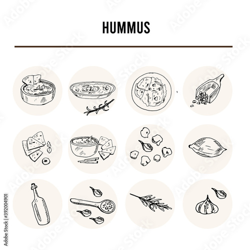 Hummus set with food and drink hand drawn doodles. Vector illustration