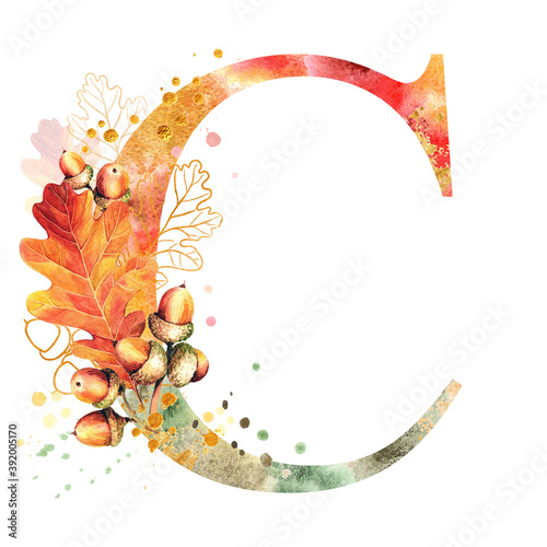 Fall Watercolor Letter C. Watercolor Autumn Alphabet. Monogram C with autumn oak leaves & acorns. Golden silhouettes, colorful spots. Perfect for wedding invites decoration, baby shower, birthdays etc