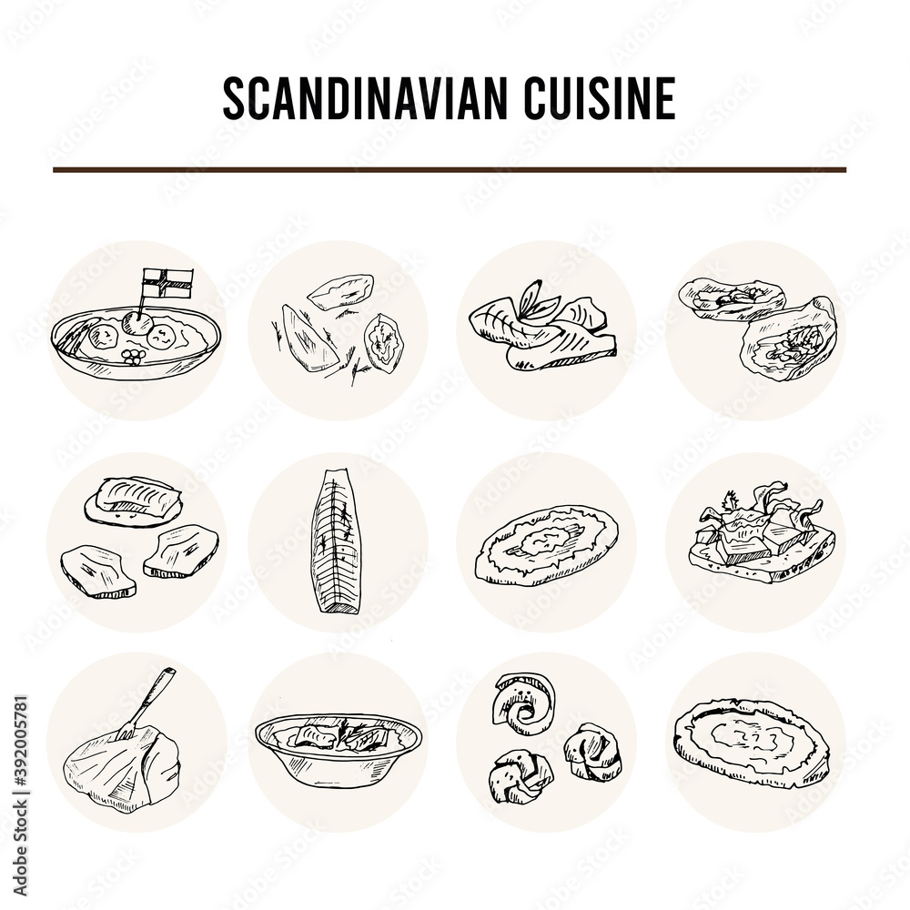 Scandinavian cuisine Menu doodle icons on chalkboard. Vector illustration