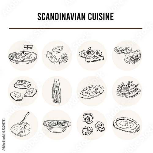 Scandinavian cuisine Menu doodle icons on chalkboard. Vector illustration
