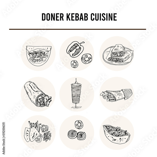 Donner kebeb cuisine Menu doodle icons on chalkboard. Vector illustration