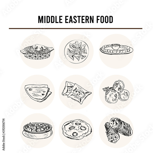 Middle eastern food menu doodle icons on chalkboard. Vector illustration