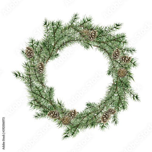 Watercolor Christmas spruce branches wreath. Fir, green branches, cone. Winter clipart. Elegant wedding frame. White background