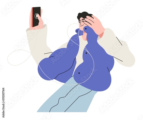 Young man or teanager listen to music or audio book and wear earphones isolated on white background. Vector illustration of cartoon male character listening audio through earphone and enjoy sound.