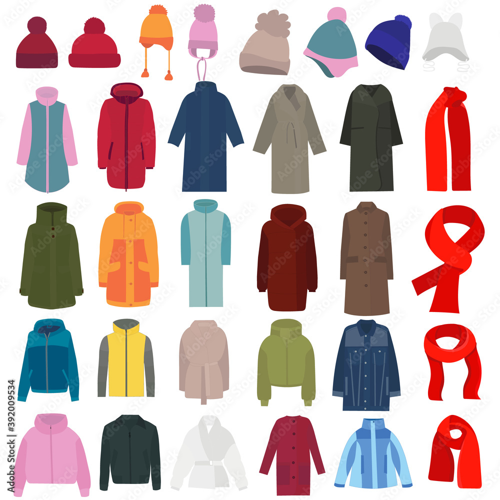 caps, jackets, coats, in flat style, set, collection caps, jackets, coats, in flat style, set, collection