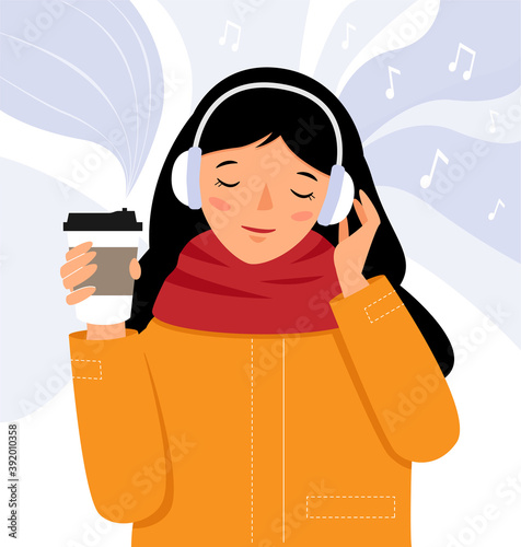The girl with headphones listens to music and drinks coffee from a cardboard cup. Fall, autumn, winter vector scene.