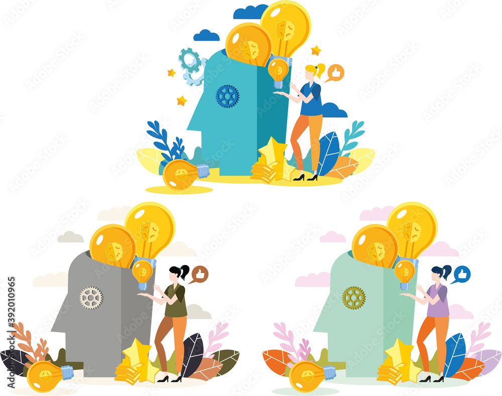 Fototapeta premium illustration of business graphics, people putting new ideas in their head, abstract human head filled with light bulbs as ideas. Bright modern flat design. 