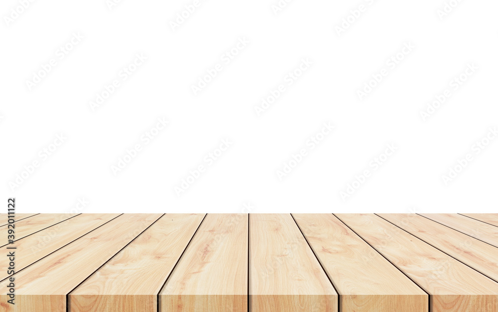 Empty top wood table isolated on white background used for display or montage your products Empty top wood table isolated on white background used for display or montage your products