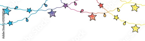 Christmas lights glow bulbs and stars on wires. Hand drawn vector illustration.