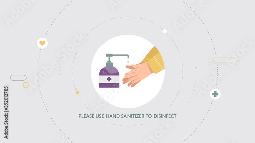 Use alcohol antiseptic gel to clean hands and prevent germs. Vector illustration in a flat style