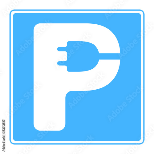 Charging parking sign electric car. Plug in letter P vector illustration. Original idea of classic road sign for clean environment cars. Blue standart square rounded corners for web and print design.