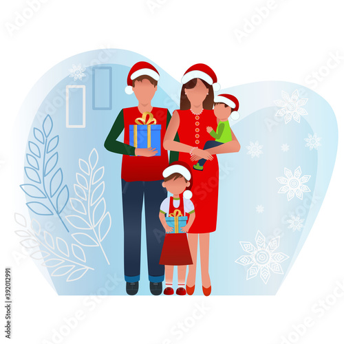 Happy family celebrates new year and christmas. Portrait surrounded by winter background and gifts. Can be used to create collages in banners, business cards, stickers, postcards.
