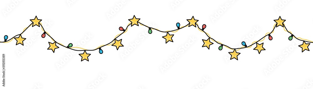 Hand drawn sketch garlands with stars and light bulbs. Vector ...