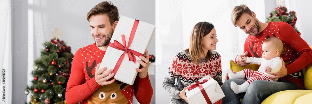 Obraz premium collage of woman and happy man holding present and cheerful parents smiling near baby boy on christmas