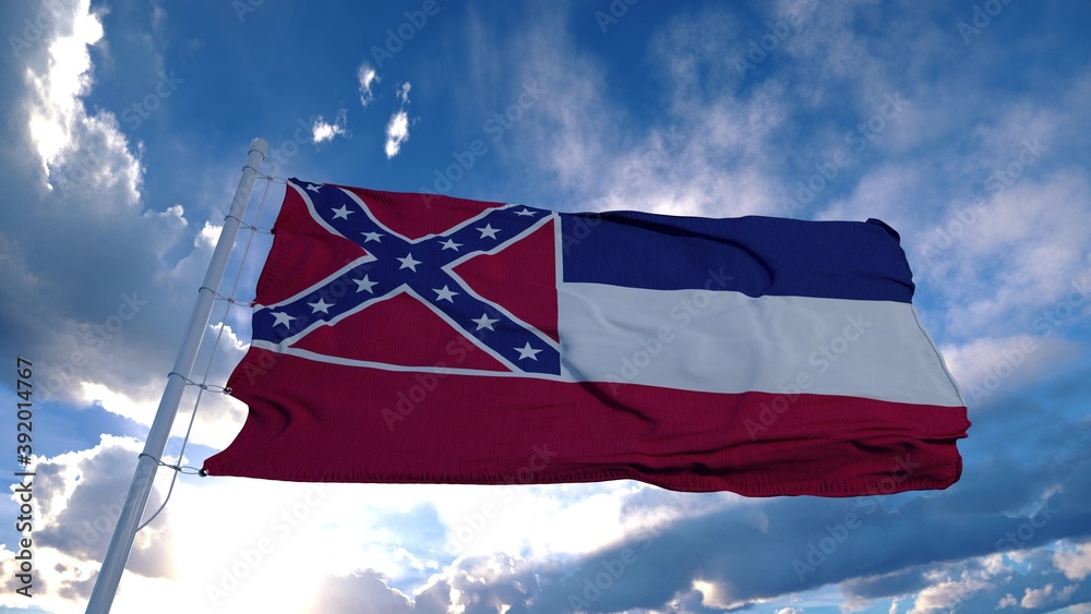 Fototapeta premium Mississippi flag on a flagpole waving in the wind, blue sky background. 3d rendering