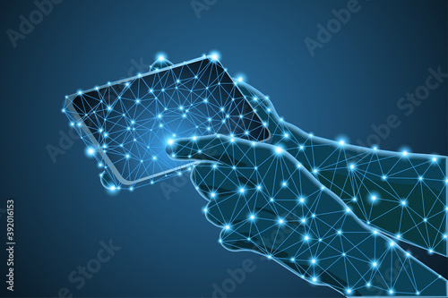 Hands holding mobile smartphone low poly wireframe