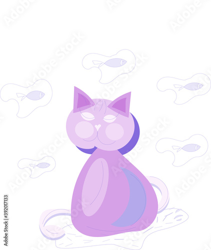 Fototapeta Naklejka Na Ścianę i Meble -  Purple cat in a dream sees swimming fish in a dream