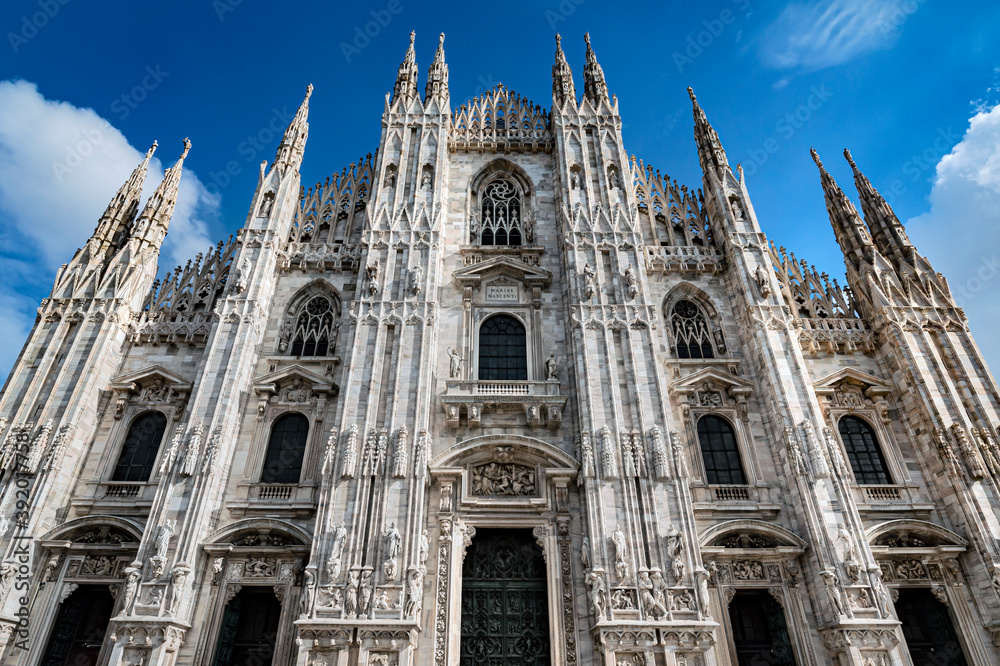  Milan, Italy - Oct 16, 2020: View of the Milan cathedral (Duomo di Milano) on a beautiful day, Milan, Italy