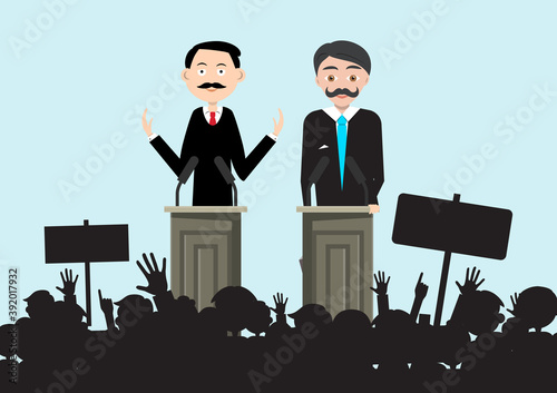 Political Meeting with Two Candidates and Crowd Silhouette - Vector