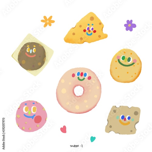 Cute Icon hand drawing with text and doodle for sticker note. Food variation, many kind of snack. sugar thing and cake donut
