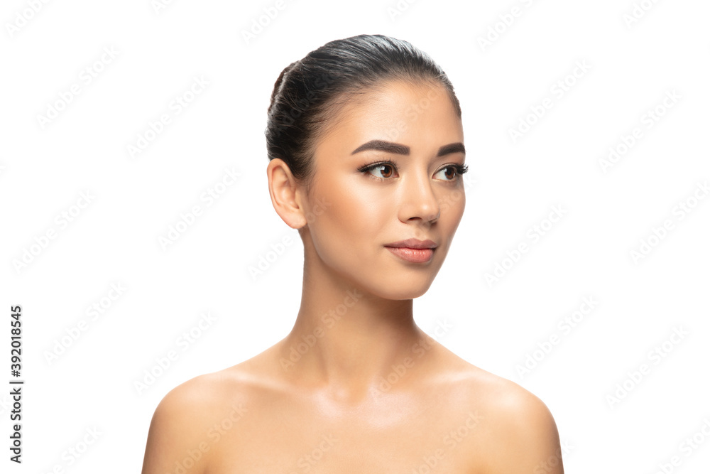 Well-kept. Portrait of beautiful young woman on white studio background. Concept of cosmetics, makeup, natural and eco treatment, skin care. Shiny and healthy look, fashion, healthcare. Copyspace. Well-kept. Portrait of beautiful young woman on white studio background. Concept of cosmetics, makeup, natural and eco treatment, skin care. Shiny and healthy look, fashion, healthcare. Copyspace.
