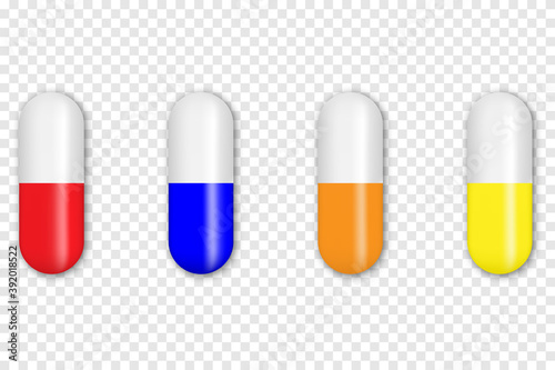 Realistic pills. Medicines, tablets, capsules, drug of painkillers, antibiotics, vitamins.