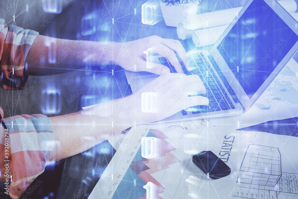 Multi exposure of technology hologram with man working on computer background. Concept of big data. Multi exposure of technology hologram with man working on computer background. Concept of big data.