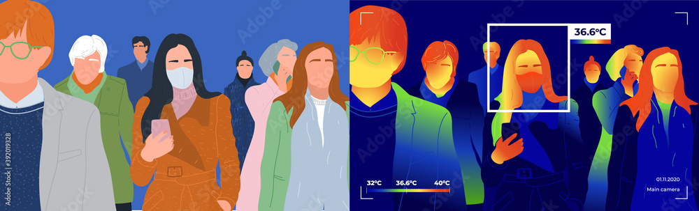 Vetor de Human infrared scanning illustration concept because of covid ...