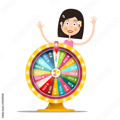 Excited Happy Woman with Wheel of Fortune Vector Cartoon Isolated on White Background