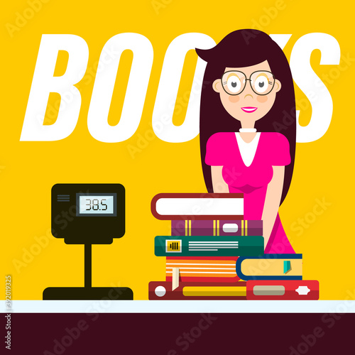 Shop Assistant - Woman in Book Store - Books Vector Design