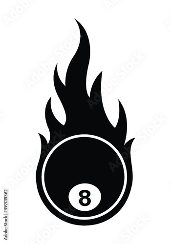 Vector silhouette illustration of billiards pool snooker 8 ball with simple flames. Ideal for stickers, decals, sport logo design element and any kind of decoration.
